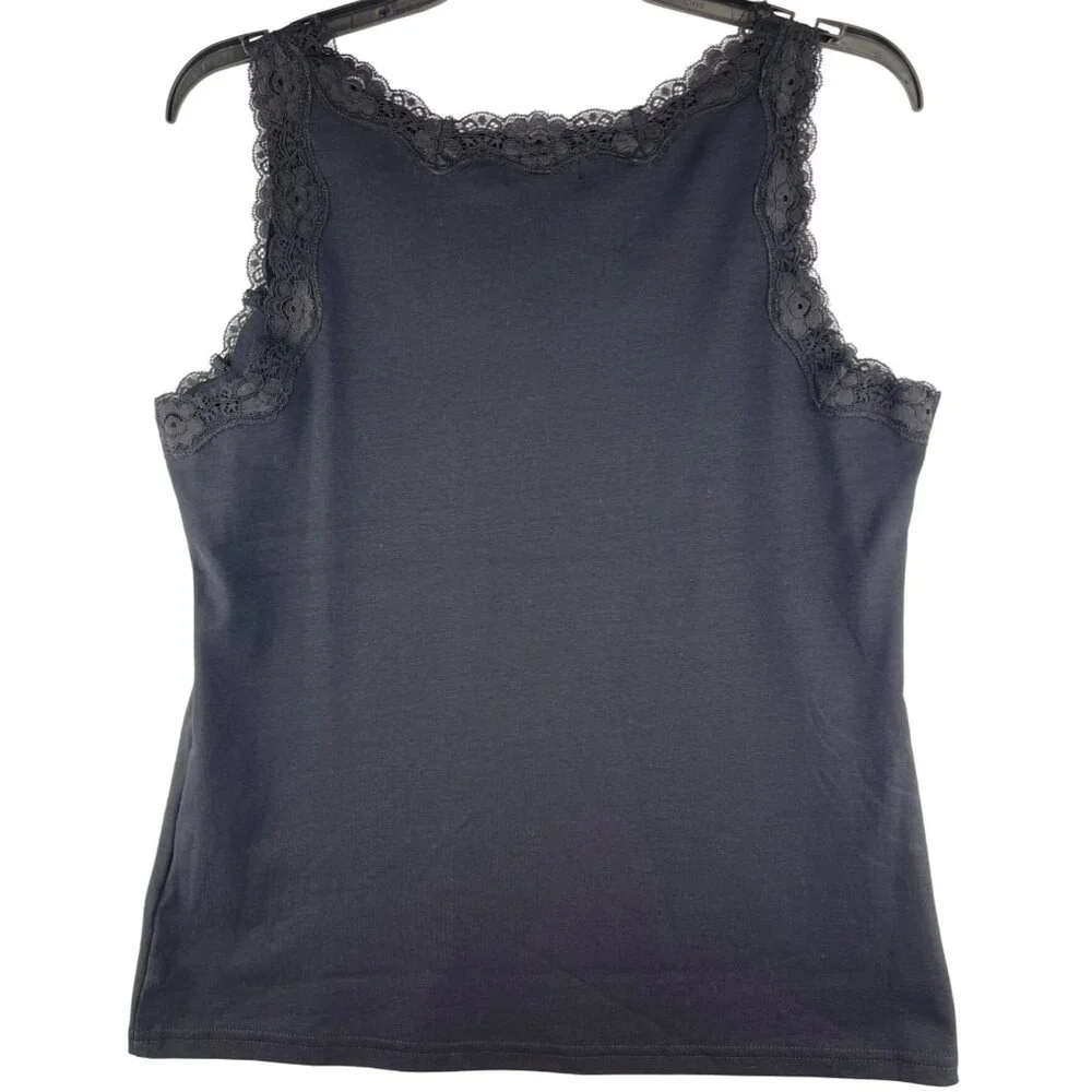 Style & Co. Womens Small Scallop Lace Trim Tank Top Deep Black - Picture 2 of 9